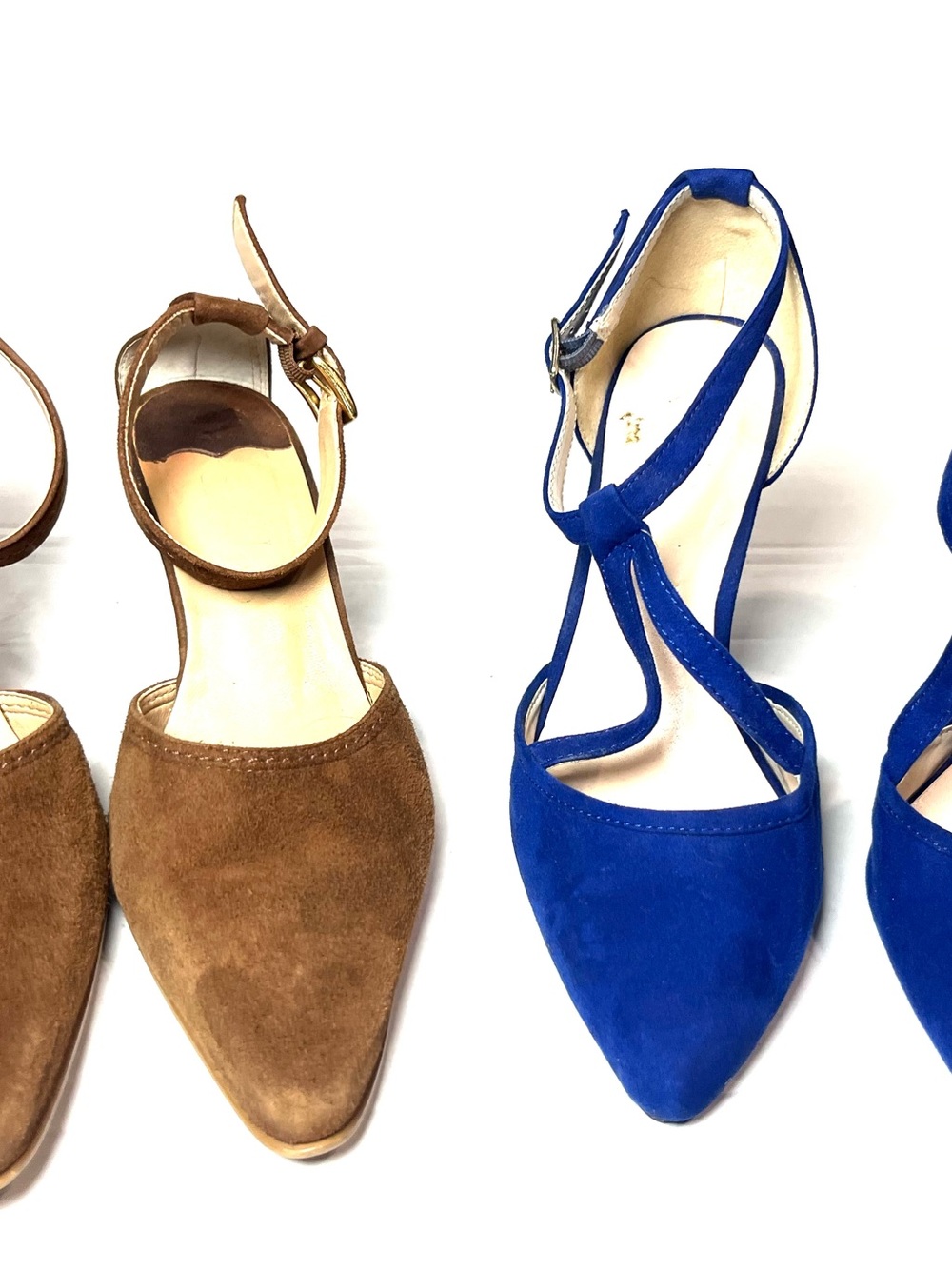 Blue and Brown Suede Pointed-Toe T-Strap Women's Wedge shoes